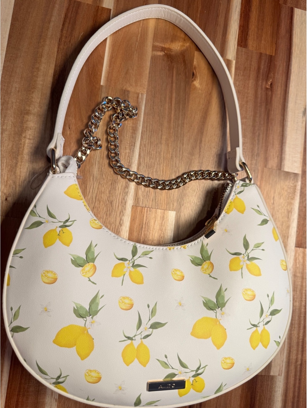 ALDO Lemon Print Crescent Shoulder Bag White Gold Chain New Without Tags